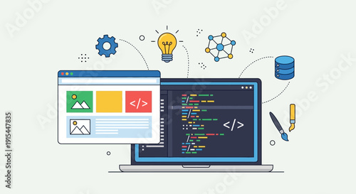 Coding on laptop with coding elements and tools surrounding it in a digital workspace view