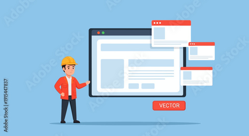 Man in hardhat presenting website design on large screen