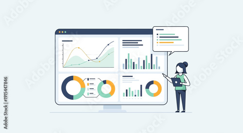 Woman analyzing data on computer screen with various charts and graphs displayed