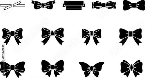 Black bow and ribbon icon silhouettes set for gift and fashion design
