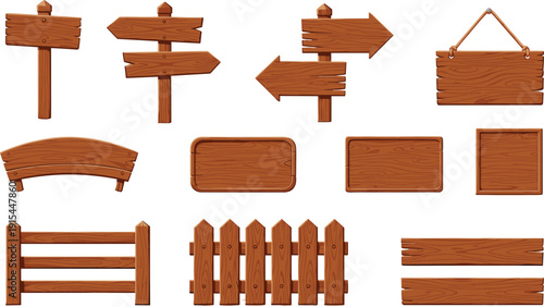 Rustic Wooden Signboard and Fence Vector Set with Blank Planks, Hanging Signs, and Directional Arrows for Game UI, Farmhouse Decor, and Garden Landscape Design
