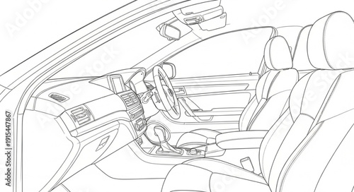 Car Interior Sketch Detailed Drawing.