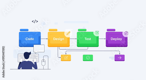 Software development workflow illustration showing code, design, test, and deploy stages