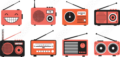 Set of Retro Vintage Radio Icons with Flat Design Style Featuring FM Tuners Antennas and Classic Boombox Illustrations for Audio Technology and Media Projects