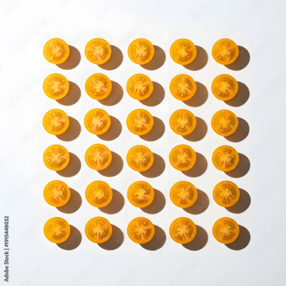 Fototapeta premium Fresh Yellow Cherry Tomato Halves Arranged in a Pattern on White Background with Shadows