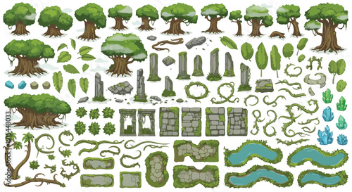Pixel art vector game assets featuring various green trees, mossy stone ruins, lush leaves, winding vines, and tranquil blue ponds isolated on a white background, perfect for fantasy UI design.