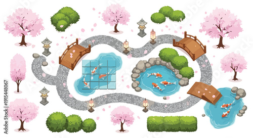 Vector top-down Japanese garden elements with pink cherry blossom trees, wooden bridges, koi ponds, stone lanterns, and green bushes isolated on transparent background.