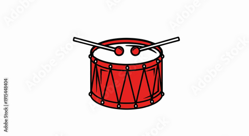 A simple, flat illustration of a red drum with two white drumsticks