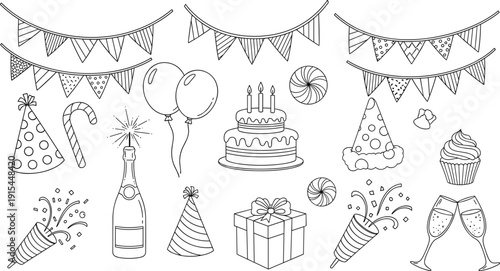 Birthday party line icons set with cake, balloons, gift box, bunting flags, champagne glasses, and celebration decorations isolated on white background for festive design