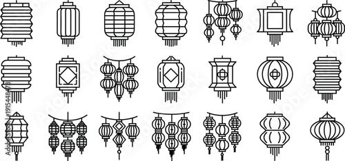 Chinese lantern outline icon set, traditional Asian hanging paper lamps line vector collection for festival decoration, celebration design elements isolated background illustration