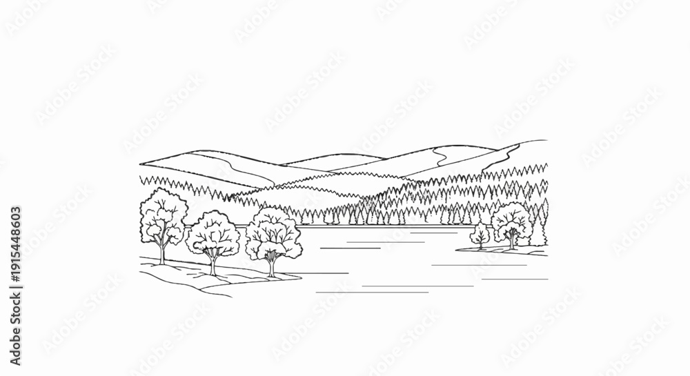 Fototapeta premium A scenic line drawing depicts rolling hills and a dense forest bordering a tranquil lake