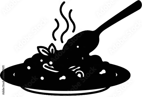 A spoon scoops hot food from a steaming plate with garnish