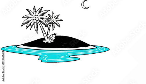 A simple drawing of a tropical island at night with two palm trees and coconuts