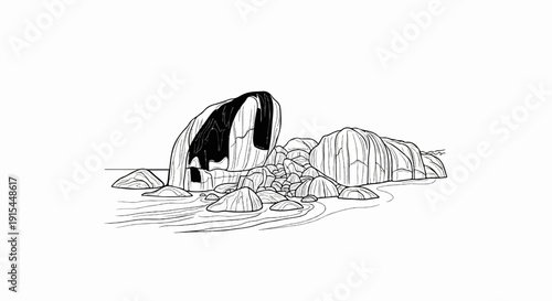 A sketch of a rocky coastline with water and scattered boulders