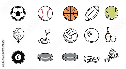 Colorful Sport Balls and Game Equipment Icon Set for Active Lifestyle and Recreation, isolated white background