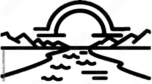 A minimalist line art depiction of a bridge over water with mountains