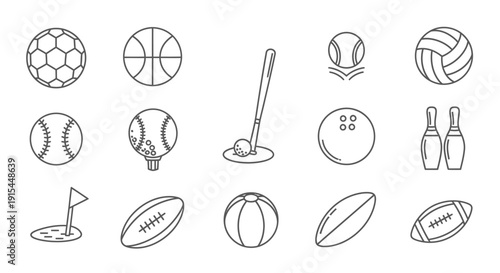 Outline Icons of Sports Balls and Equipment Collection for Games and Athletics, isolated white background