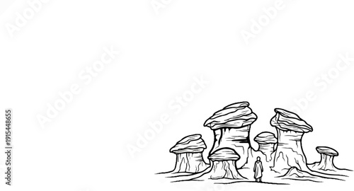 A lone figure contemplates unusual rock formations in a barren landscape