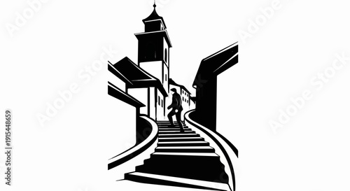 A lone figure ascends steep, curved steps towards a bell tower