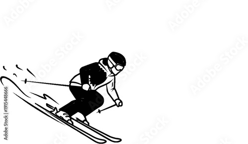 A sketch of a skier in motion, angled downwards on a snowy slope
