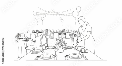 A person arranges flowers on a decorated table at a banquet