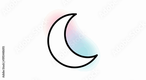 A simple crescent moon with soft pink and blue watercolor splatters