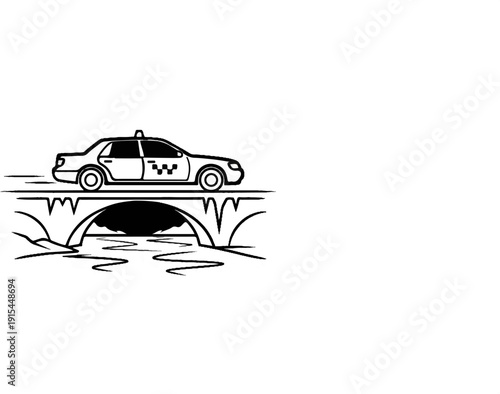 A sketch of a taxi driving over a bridge crossing a river