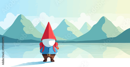A lone, cartoonish figure with a red hat and blue jacket stands before a serene mountain lake