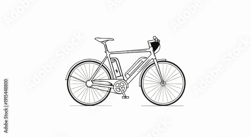 A minimalist line drawing of an electric bicycle with its battery visible