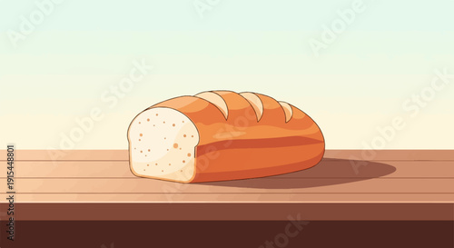 A loaf of bread rests on a wooden table with a light sky background