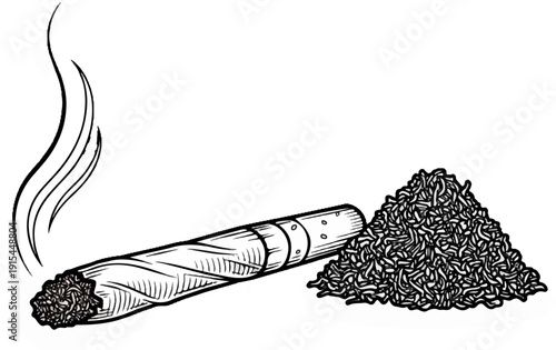 A lit cigarette lies next to a pile of loose tobacco, with smoke rising
