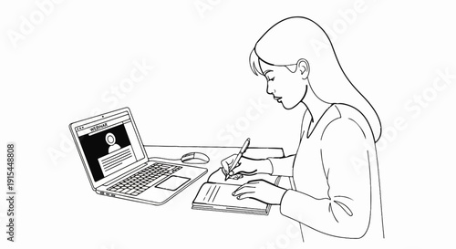 A person diligently takes notes while attending a webinar on their laptop
