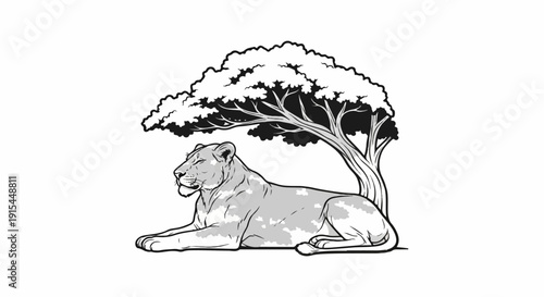 A lioness rests peacefully under the shade of a large tree