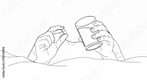A sketch of hands holding a pill and a glass of water