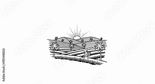 A person harvests crops on terraced fields under a rising sun with palm trees