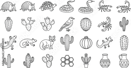 Desert animals and cactus line icons set including armadillo, snake, scorpion, lizard, fox, and succulents isolated on white background for nature and wildlife design