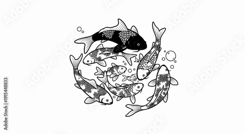 A school of stylized fish, one black, swims among patterned swimmers