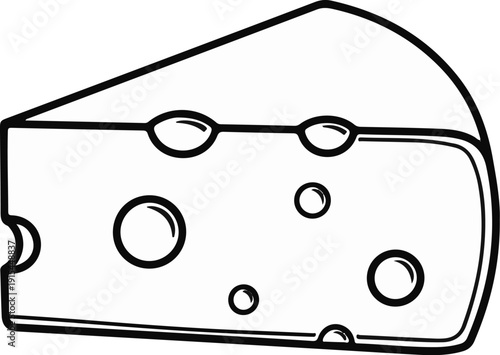 A simple, bold, black and white line drawing of a wedge of swiss cheese