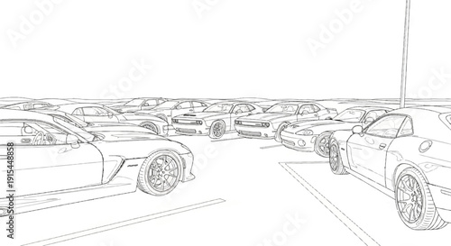 A sketch of multiple sports cars lined up in a parking lot on a bright day