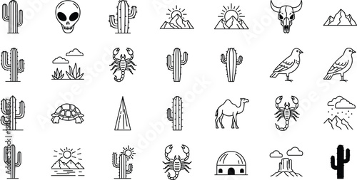 Desert line icons collection featuring cactus, scorpion, camel, mountains, skull, and wildlife symbols isolated on white background for travel, nature, and adventure design