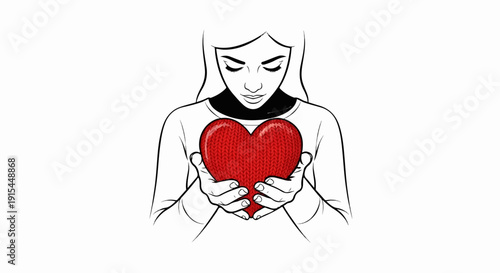 A person holds a knitted red heart tenderly