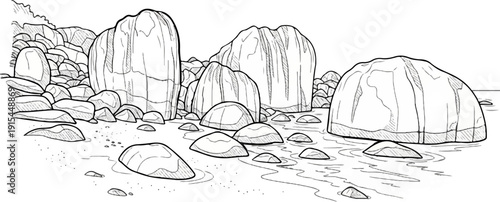 A sketch of large rocks and smaller stones in shallow water near a shore