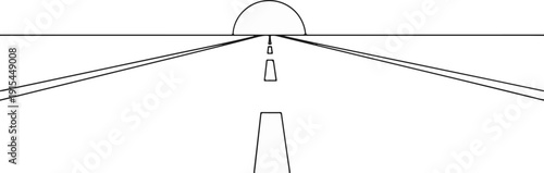 A minimalistic, line-art depiction of a vanishing point road leading to a horizon