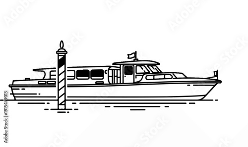 A linear drawing of a sleek boat docked by a striped pole in the water