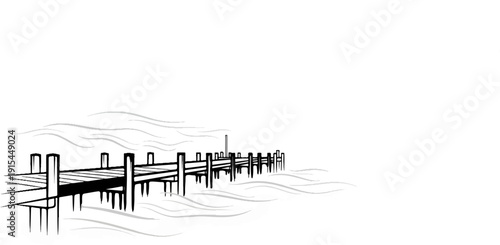 A minimalistic black and white illustration of a wooden pier extending into choppy water