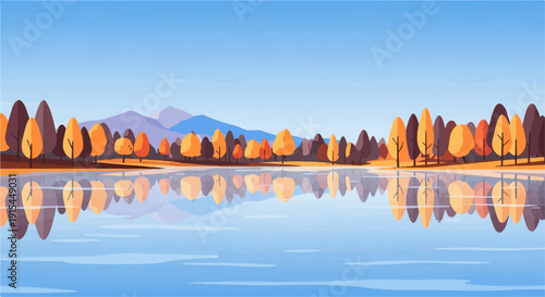 A serene autumn landscape with trees reflected in a calm lake under blue skies