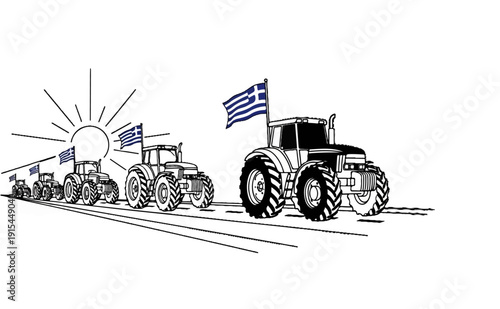 A line of tractors, each flying a Greek flag, heads towards a rising sun