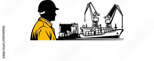 A person in a hard hat oversees cargo ships being loaded by cranes