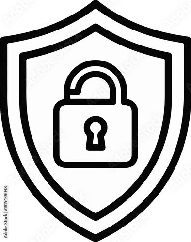 A simple black outline icon of a shield with an unlocked padlock inside