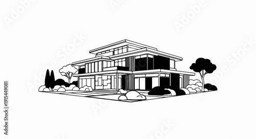 A modern, multi-level dwelling with large windows and surrounding landscaping